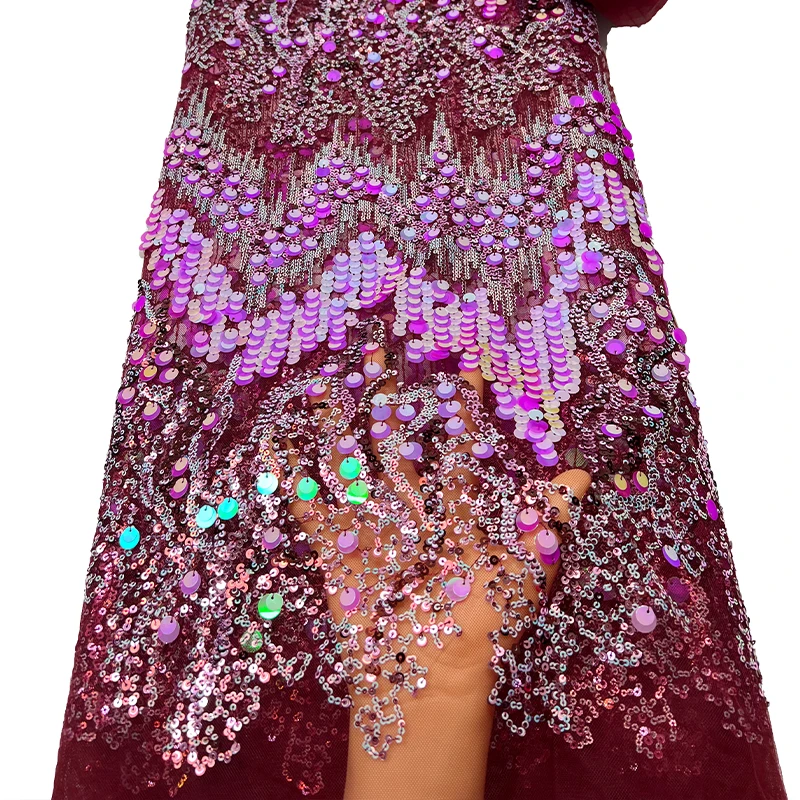 French luxurious lace mesh fabric, African high-quality large sequined willow sequined embroidered lace fabric for evening gowns