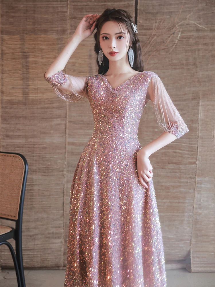 Pink Sequin Bridal Reception Dresses With Beads Elegant V-Neck Tea-Length Women Midi Dresses For Wedding Party Evening 2022