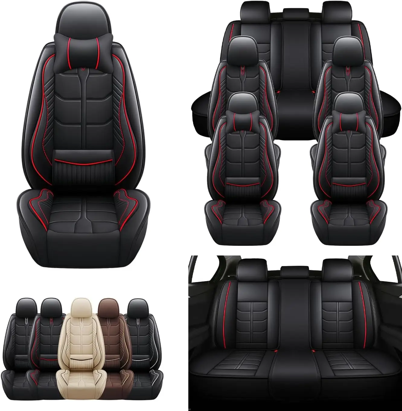

Car Seat Covers for 2020 - 2025 Vehicles, PU Leather, Black Red, Heavy Duty Waterproof & Pet-Friendly with Pillow