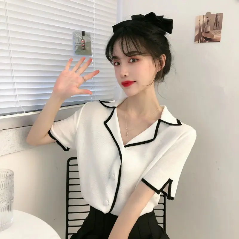 여성용 캐주얼 스위트 슬림 아이스 슈레드, 단색 브이넥 반팔 니트웨어, 올매치 얇은 탑 티, 여성 패션, 여름