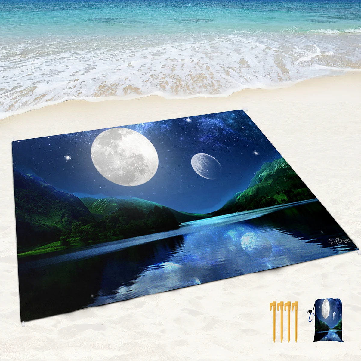 Sandproof Beach Blankets Moon Print Beach Mats Waterproof Quick Drying Mat Made with 4 Stakes & 4 Corner Pockets for Camping