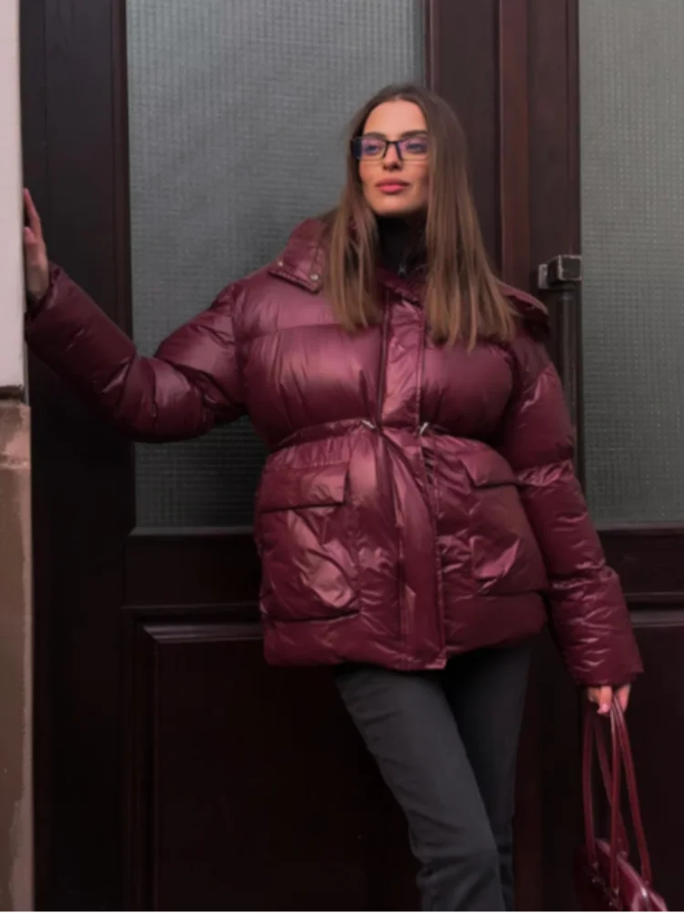 Winter Warme Kapuze Verdicken Baumwolle Jacken Frauen Kordelzug Taschen Stepp Zipper Mäntel 2025, Mode Neue Casual Straße Oberbekleidung