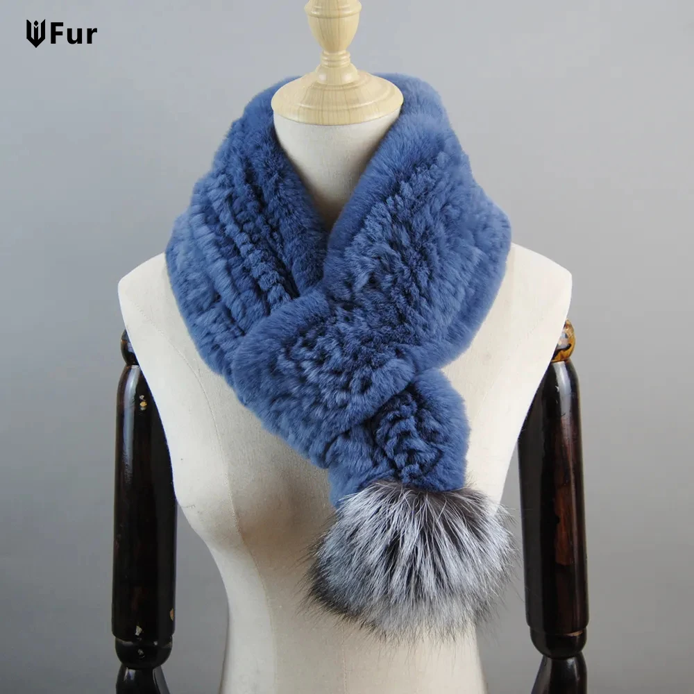 Winter Genuine Fur Mufflers With Fox Fur Pompoms Knitted Real Fur Lady Scarves Women Handmade 100% Natural Rex Rabbit Fur Scarf