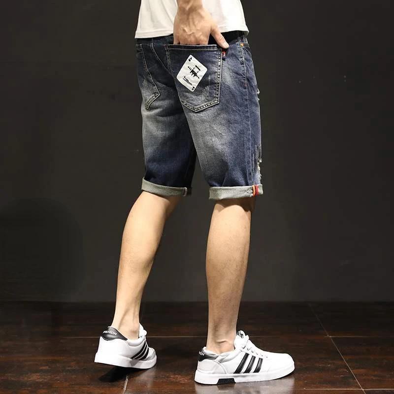 Cargo Straight Male Denim Shorts Bermuda Ripped Men\'s Short Jeans Pants Stretchable Wih Zipper Luxury Buttons Wide Summer New In