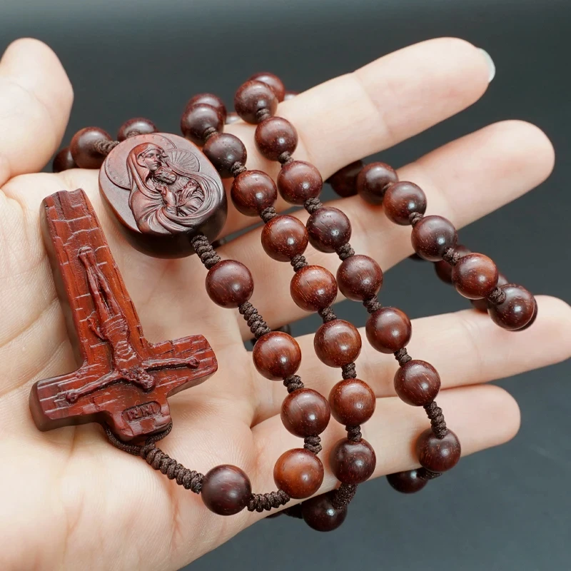 8mm/10mm Rosewood Ebony Bead Cross Pendant Necklace Men Woman Religious Jewelry Virgin Mary Jesus Rope Chain Beads Rosary