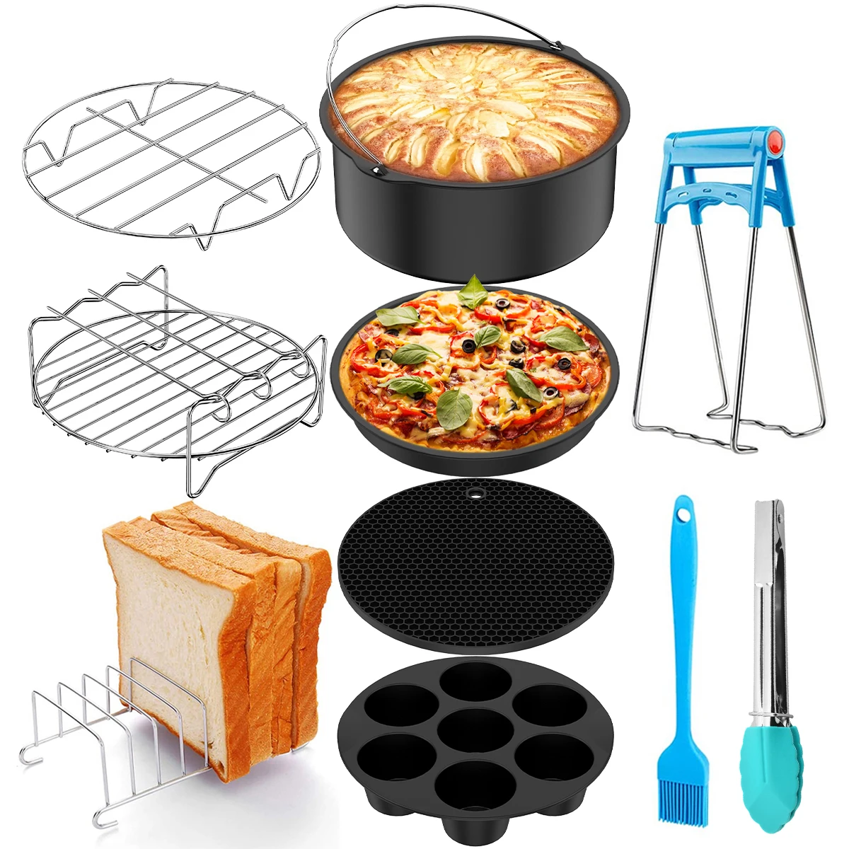 10Pc Air Fryer Accessories Set Food-grade Air Fryer Accessories with Cake Basket Pizza Pan Stainless Steel Skewer Rack Oil Brush