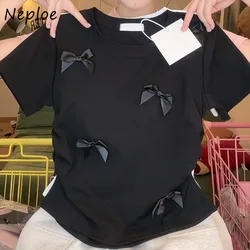 Neploe 2024 Summer New O-neck Cotton T-shirts Y2k Irregular Slim Fit Tops Women Fashion Short Sleeve Bow Black Tee Shirt