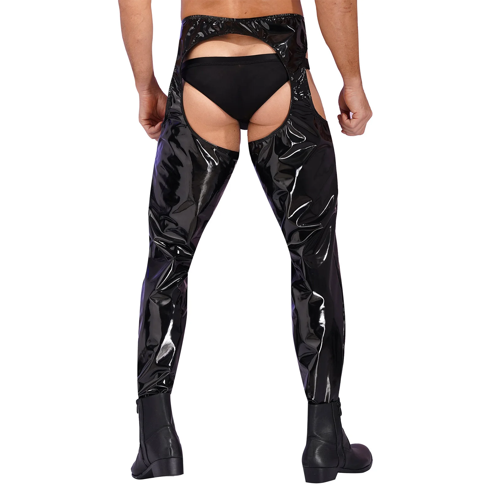 Mens Wetlook Crotchless Open Butt Pants PVC Leather Thigh-High Tights Pants Leggings High Waist Cutout Pole Dance Trousers Club