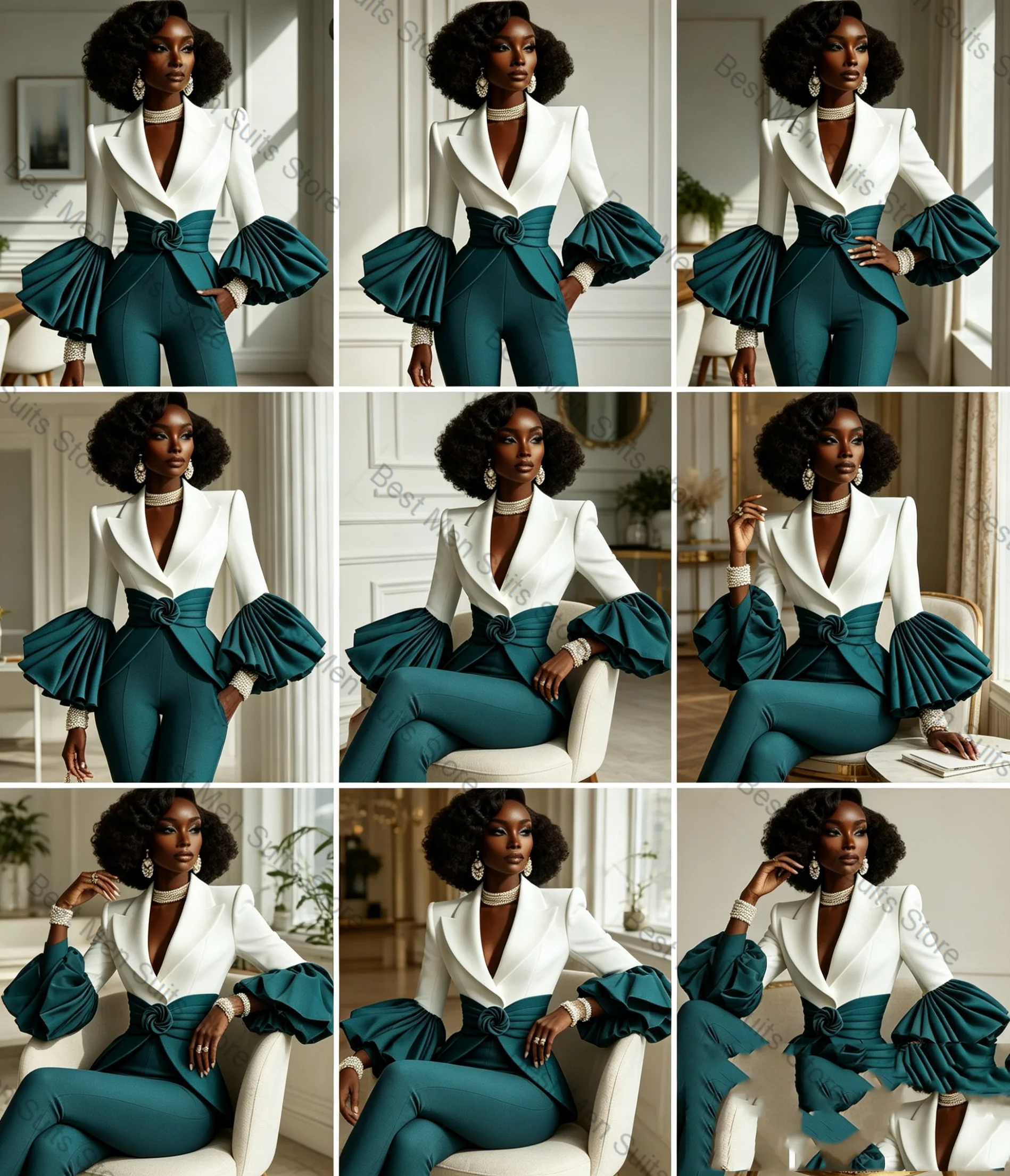 White Blue Women Suit Pants Set 2 Pcs Blazer Trousers Cotton Formal Office Lady Jacket Customized Wedding Tuxedo Guest Coat