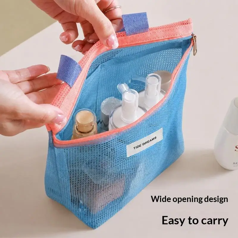 Breathable Mesh Cosmetic Storage Bag Secure Zipper Comfortable Handle Foldable Portable Toiletry Organizer for Hiking Trip
