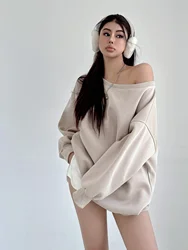 American Style Slash Neck Off Shoulder Long Sleeve Sweatshirt Women Loose Spicy Girl Solid Color Casual Versatile Top IGXE
