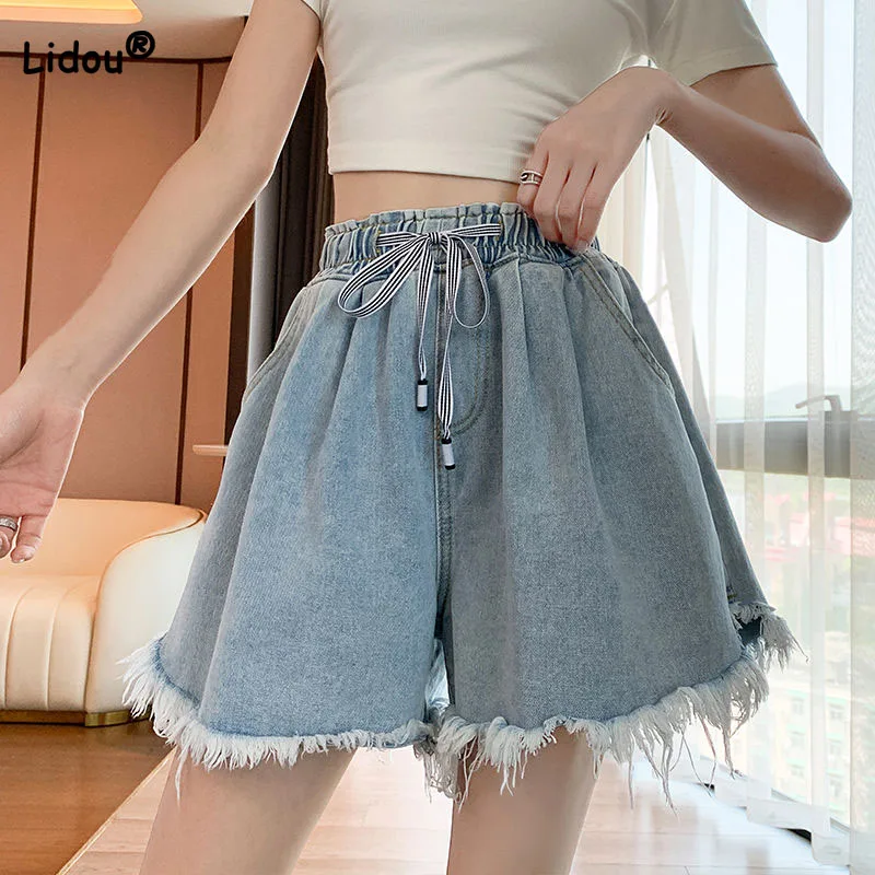 Korean Simplicity High Waist Wide Leg Denim Shorts Fashion Women's Clothing Summer Female All-match Loose Drawstring Shorts
