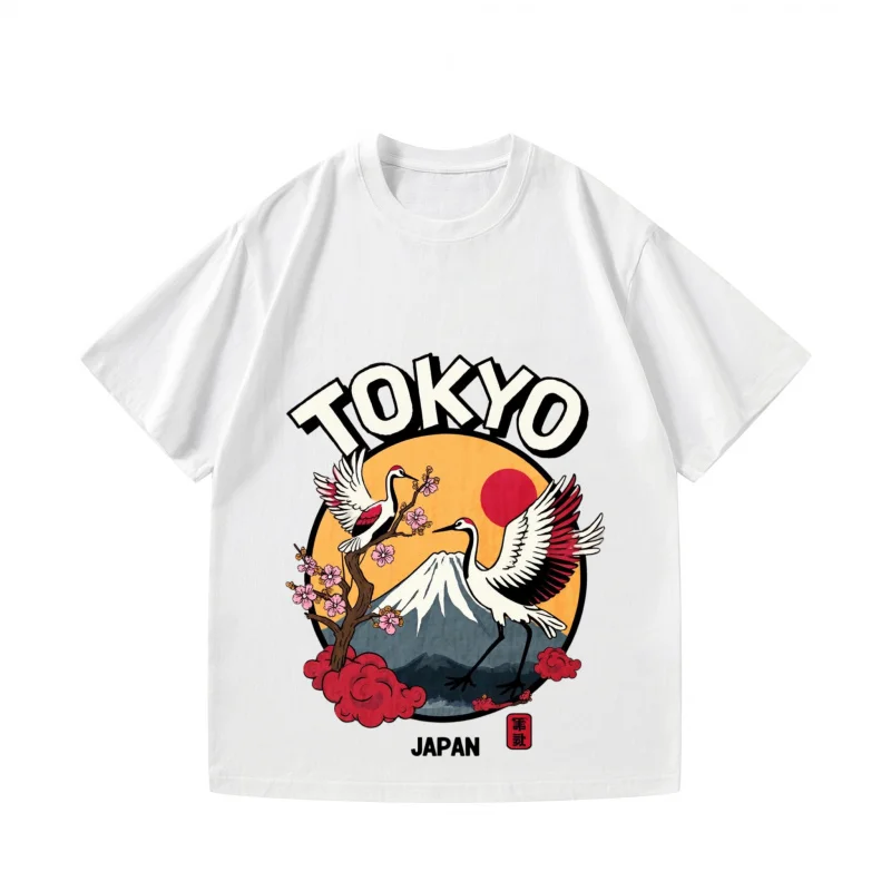 تي شيرت رجالي أسود طوكيو اليابان جبل فوجي كرين ساكورا مطبوعة ملابس يومية غير رسمية السفر الصيف الموضة