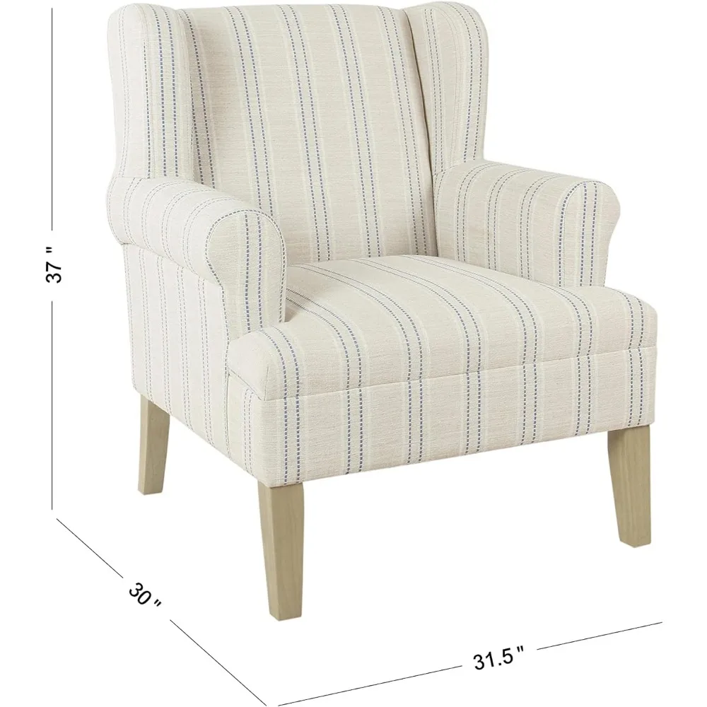 HomePop Home Decor | Upholstered Rolled Arm Wingback Living Room & Bedroom Accent Chair, Blue and White Stripe Woven