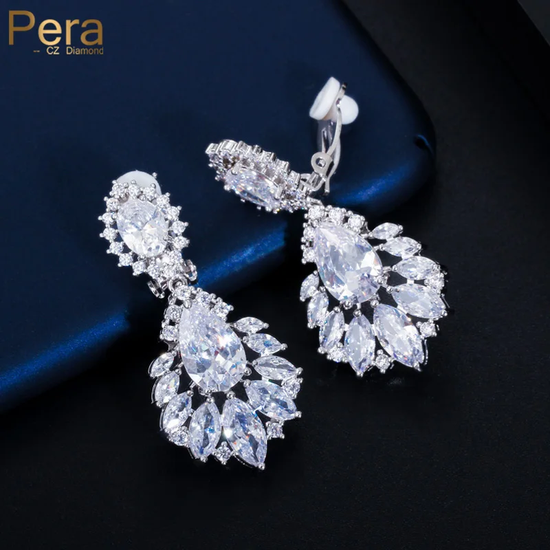 Pera Classic No Hole Style Cubic Zirconia Leaf Water Drop Women Wedding Bridal Party Clip on Long Earrings Without Piercing E526