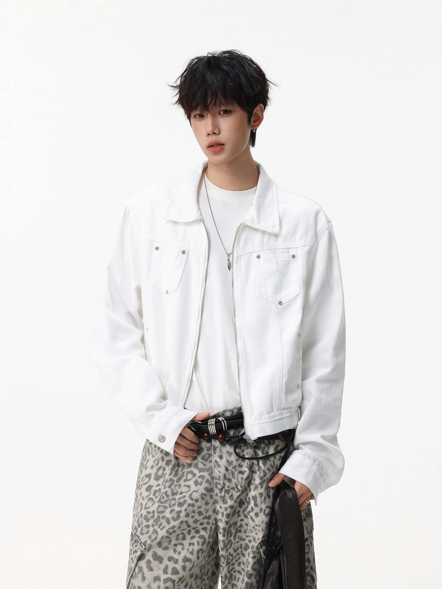 

American Retro White ort Jeans Jaet Men's Spring Autumn New Loose Slimming Versatile Jaet Top Metal Decoration Cuff