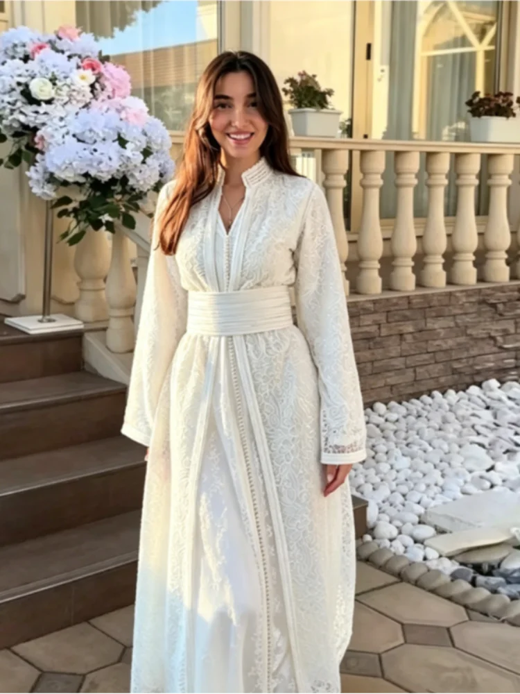 Elegant Luxury Embroidery Lace Dress Chic Wide Flare Sleeve Two Piece Outfit with Belt Maxi Dresses Formal Party Evening Outfit