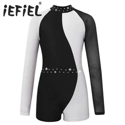 Kids Girls Ballet Dance Leotard Mesh Long Sleeves Gymnastics Workout Dancewear Jumpsuit for Sports Competition Stage Performance
