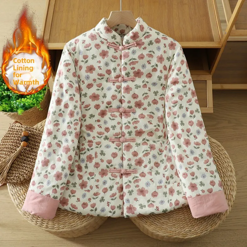 

Новое китайское хлопковое пальто с цветочным принтом, женское свободное зимнее пальто, теплая внутренняя хлопковая маленькая верхняя одежда с хлопковой подкладкой