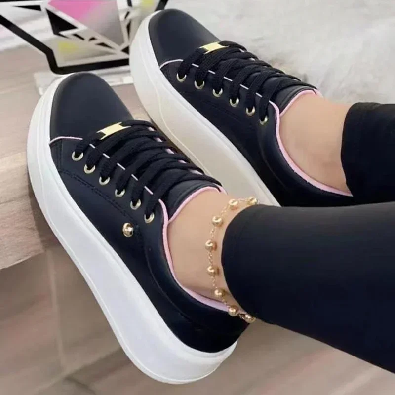 Women Vulcanized Shoes Fashion Lace-Up Round Head Platform Sport Shoes Spring Autumn Female Walking Flats Ladies Casual Sneakers