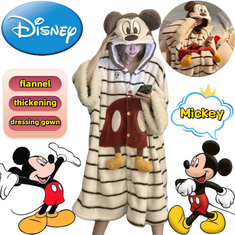 

Disney Mickey bathrobe creative high-value cartoon autumn winter couple thick warm striped flannel hooded loungewear pyjamas