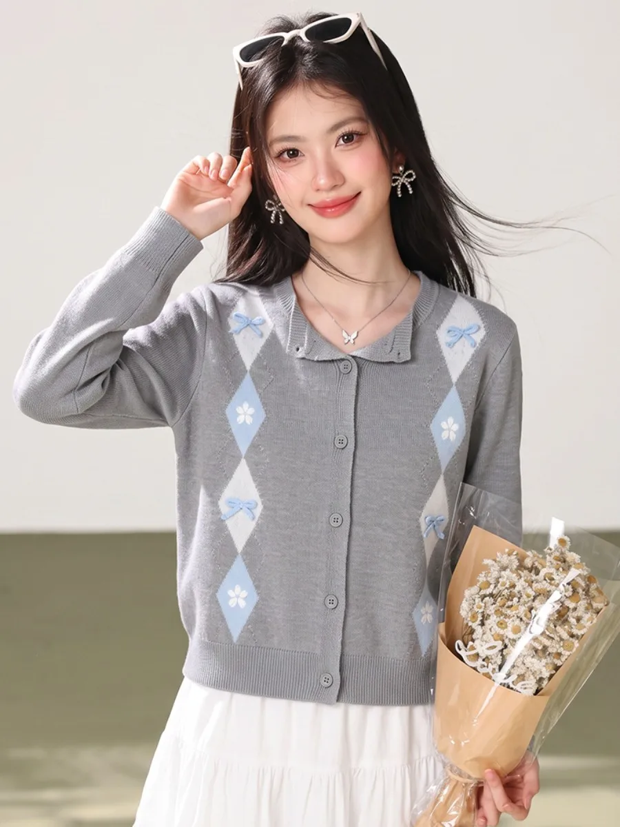 Grey Knitted  Knot Short Open Cardigan Women's Autumn Small Collar Soft Style Single Button Outerwear Top