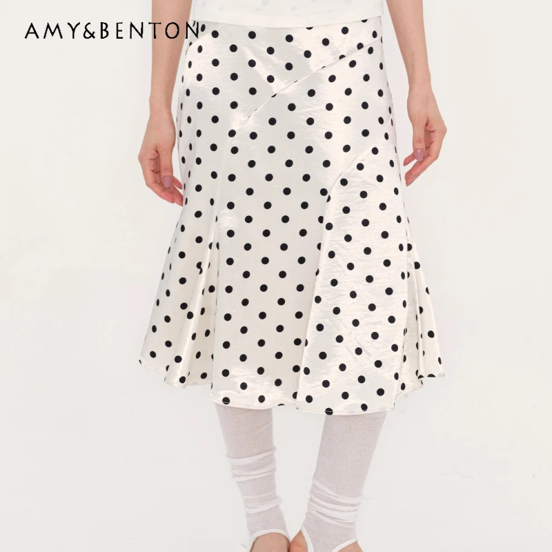 

2025 Summer New Design Women's Mid Length Skirt Vintage Fashionable Polka Dot Irregular Splicing Satin Mermaid A-line Skirts