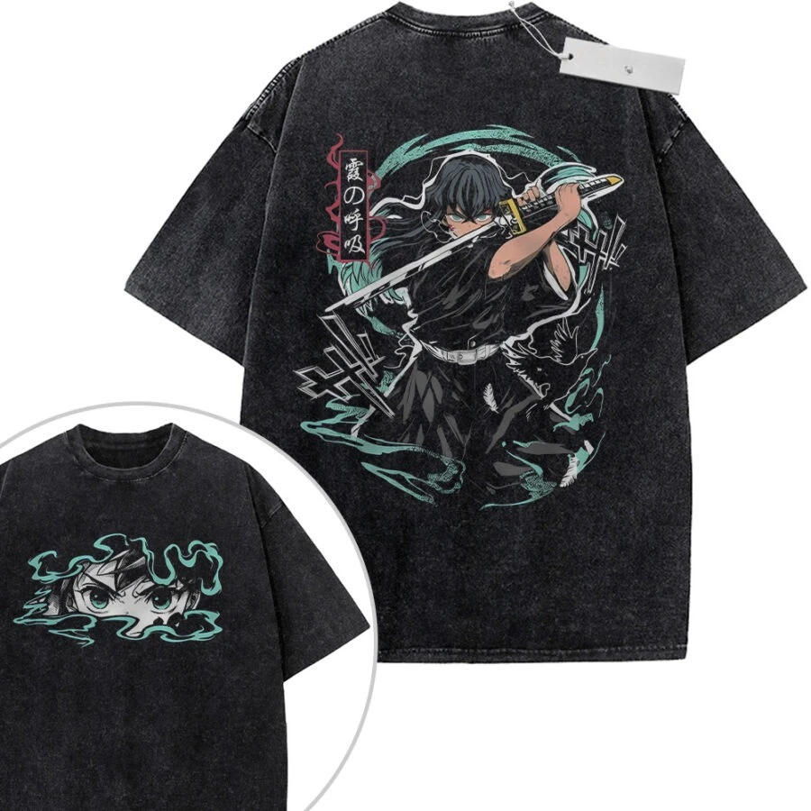 Unisex Schwarzes Vintage T-Shirt mit Wascheffekt Demon Slayer Tokito Muichiro Hochwertige Stoffqualität für Fitness Freizeit Shopping