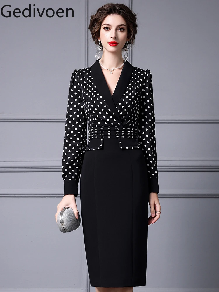 

Gedivoen Fashion Designer Autumn Women's Dresses Turn-down Collar Dot Embroidered Flares Office Lady Hip Wrap Dress