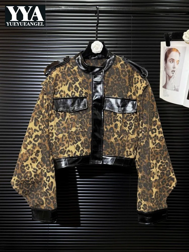Streetwear Women Patchwork Leopard Print Jacket Stand Collar Long Sleeve Autumn Outwear Fashion Lady Punk Pu Leather Short Coat