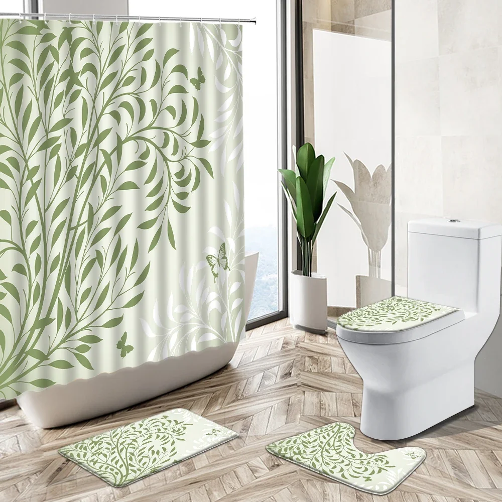 Plant Green Leaf Butterfly Printed Shower Curtain Set Spring Pastoral Style Home Decor Bath Mat Toilet Lid Cover Bathroom Carpet