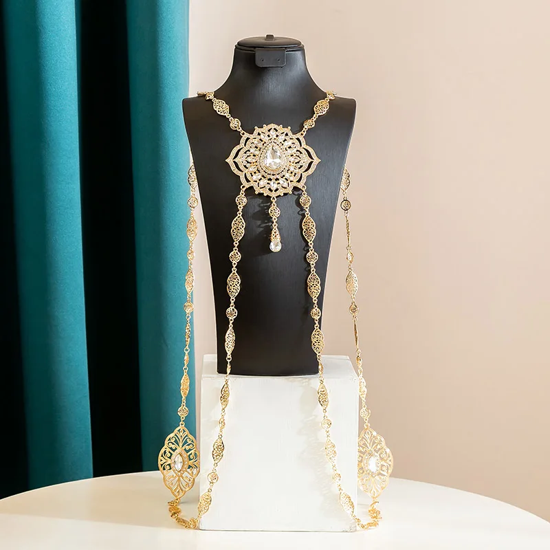 Accessories Gold Plated Moroccan Bride Wedding Body Shoulder Chain Water Drop Crystal Back