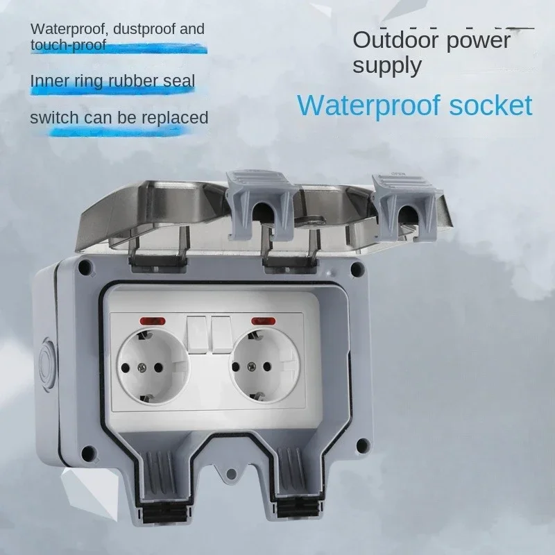 

Водонепроницаемая розетка IP66, двойная, 16А, для дома, сада, улицы, европейский стандарт.