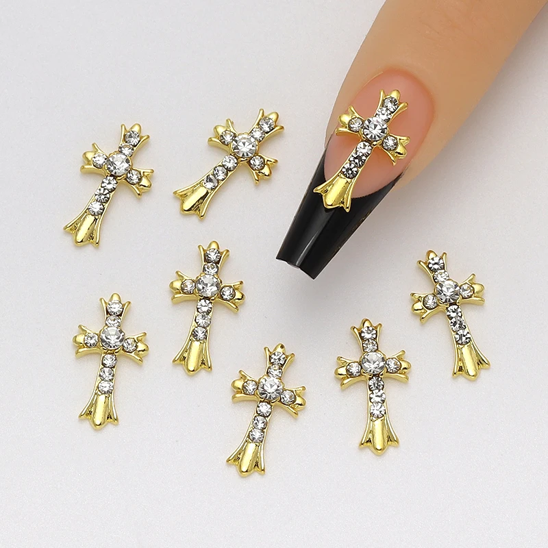 10 stuks 3D goud en zilver retro kruis nagelbedels, legering Rijnsteen, y2k metalen stijl DIY nageldecoratie accessoires