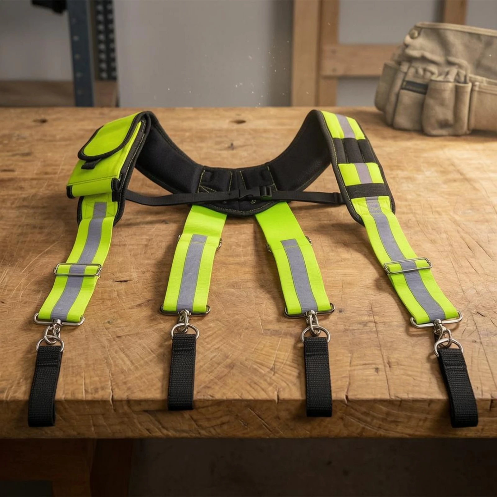 X-Shaped Tool Harness Fluorescent Green Padded Tool Suspenders Suspender Harness Metal Clips Work Gear Weight Distributing 2