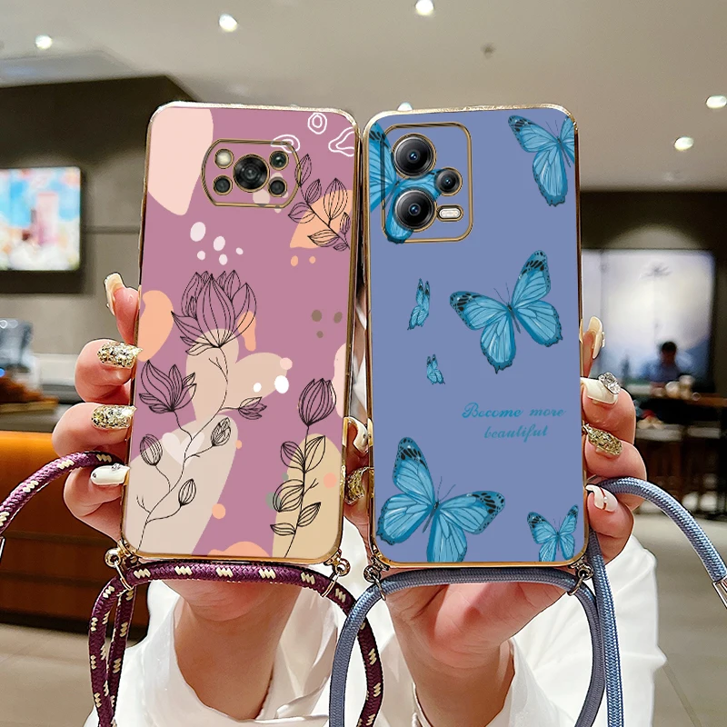 Plant Plating Diagonal Lanyard Phone Case For Xiaomi Poco X3 X4 GT X3 GT X5 M3 M5 M4 Pro M3 Pro X2 X3 NFC M5S C40 F4 F3 Cover