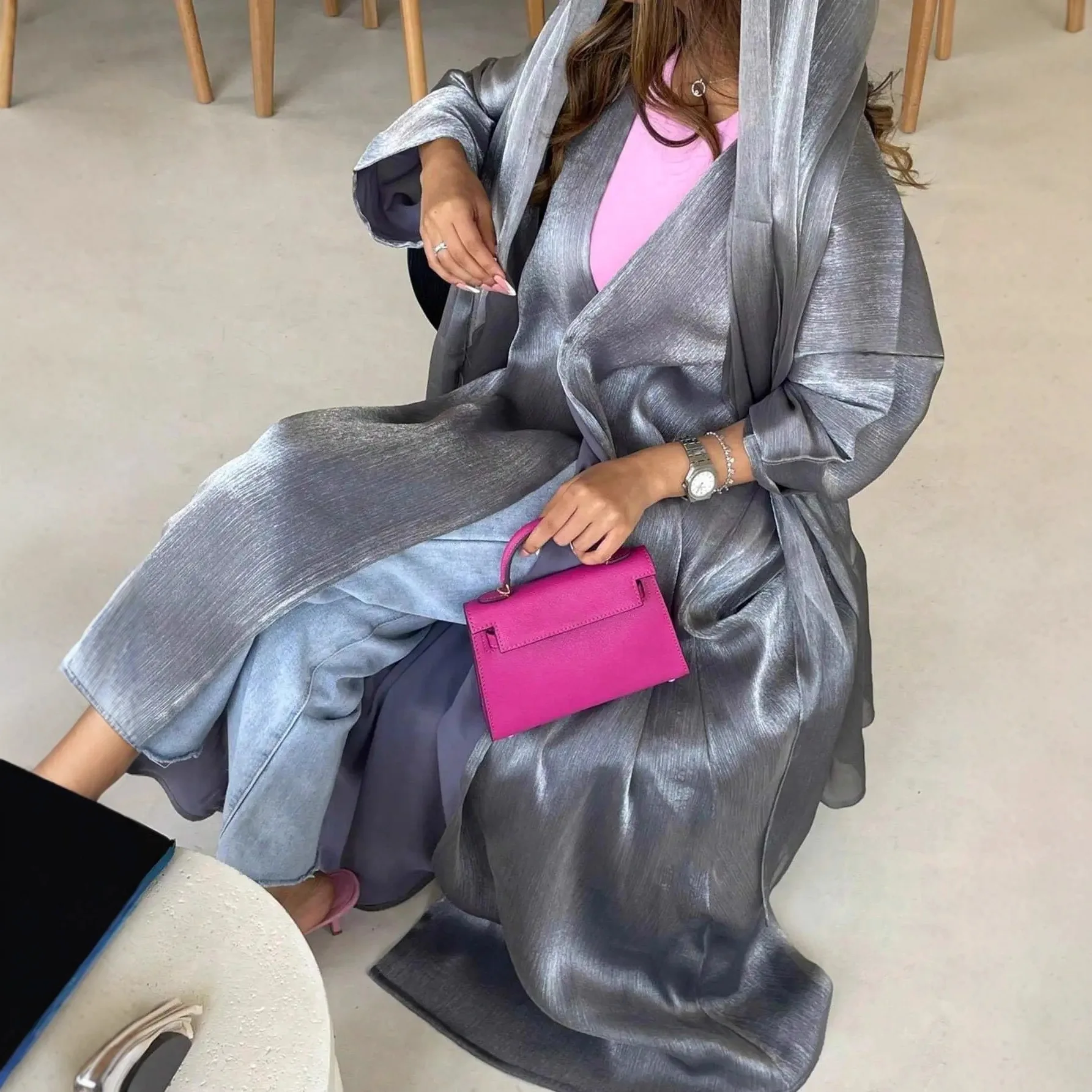 

Рамадан открытое атласное кимоно Абая Дубай ислам мусульманский кафтан платье Турция для женщин Джалабия халат Musulmane Femme исламская одежда