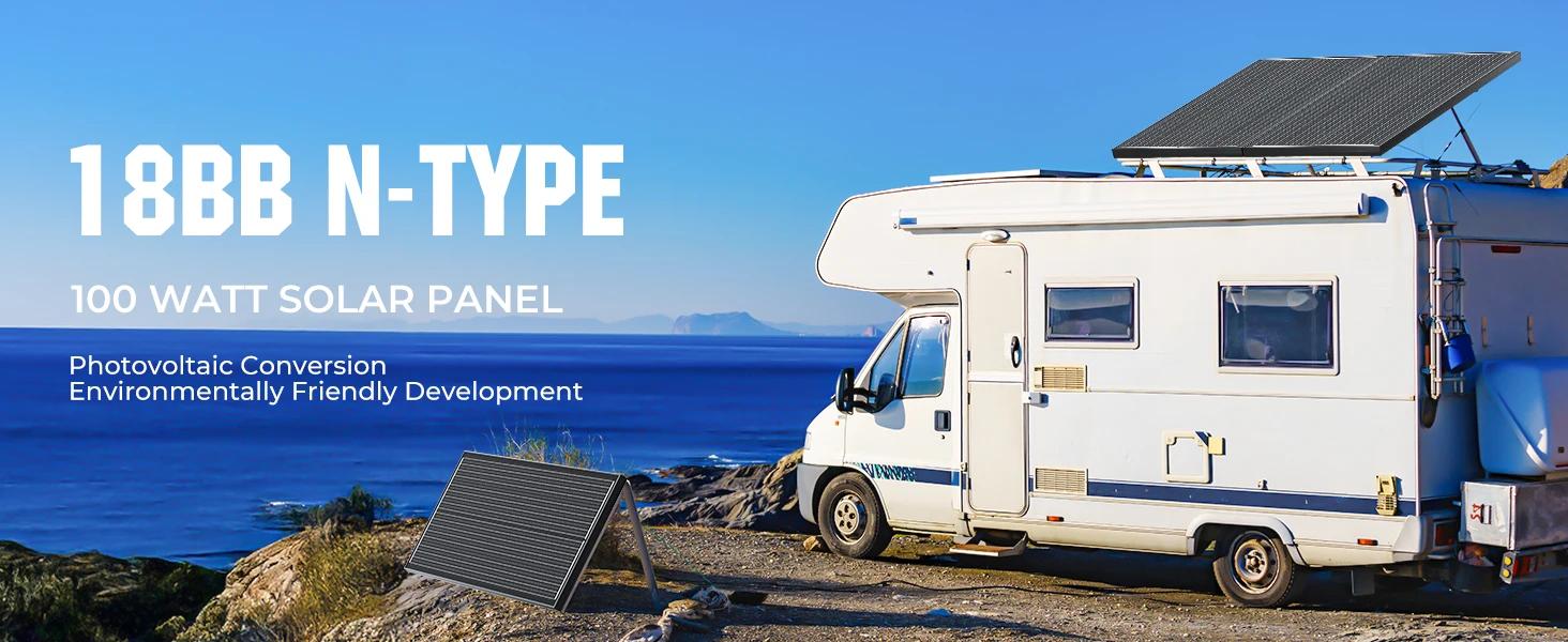 Rvpozwer 100W Solar Panel 25% High Efficiency 18BB 100 Watt Solar Panel 18BB N-Type Monocrystalline PV Modules for RV Marine Rooftop Farm Trailer Home Off-Grid System