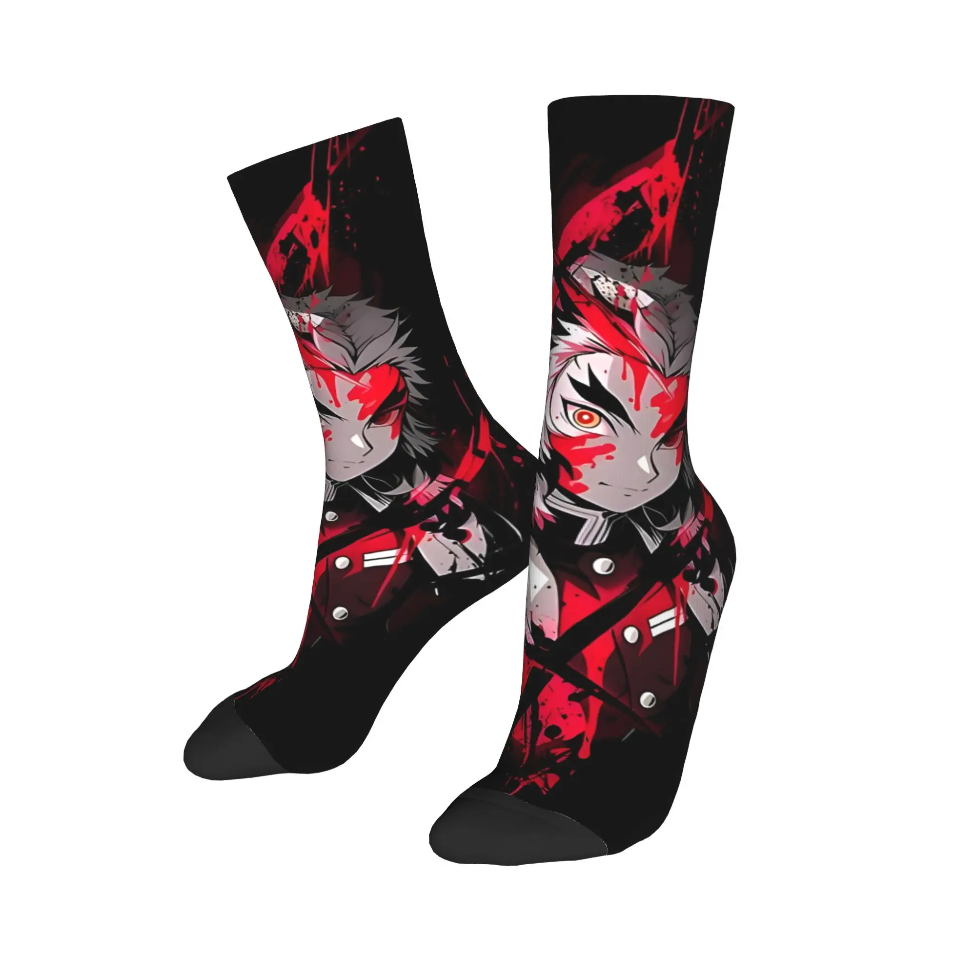 Funny Sock Bandai Demon Slayer Kyojuro Rengoku Blood Splash Anime Rock Quality Pattern Printed Men Crew Socks Casual Men's Socks