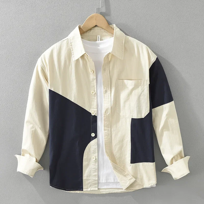

Японская модная рубашка-карго, мужская уличная лоскутная рубашка с длинным рукавом, мужская рубашка с лацканами, повседневные свободные топы из чистого хлопка, новинка весны 2023 г.