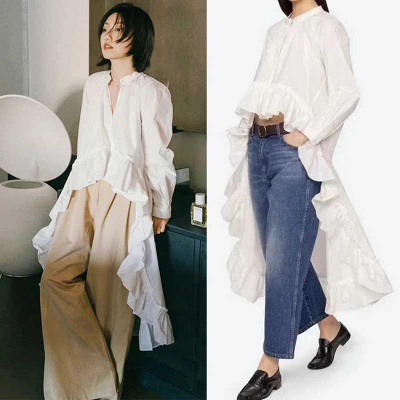 

French Sle round Ne Tailored irt Women's Cotton Spring Summer Spring Autumn Floral Lace Hem Front ort Ba Long