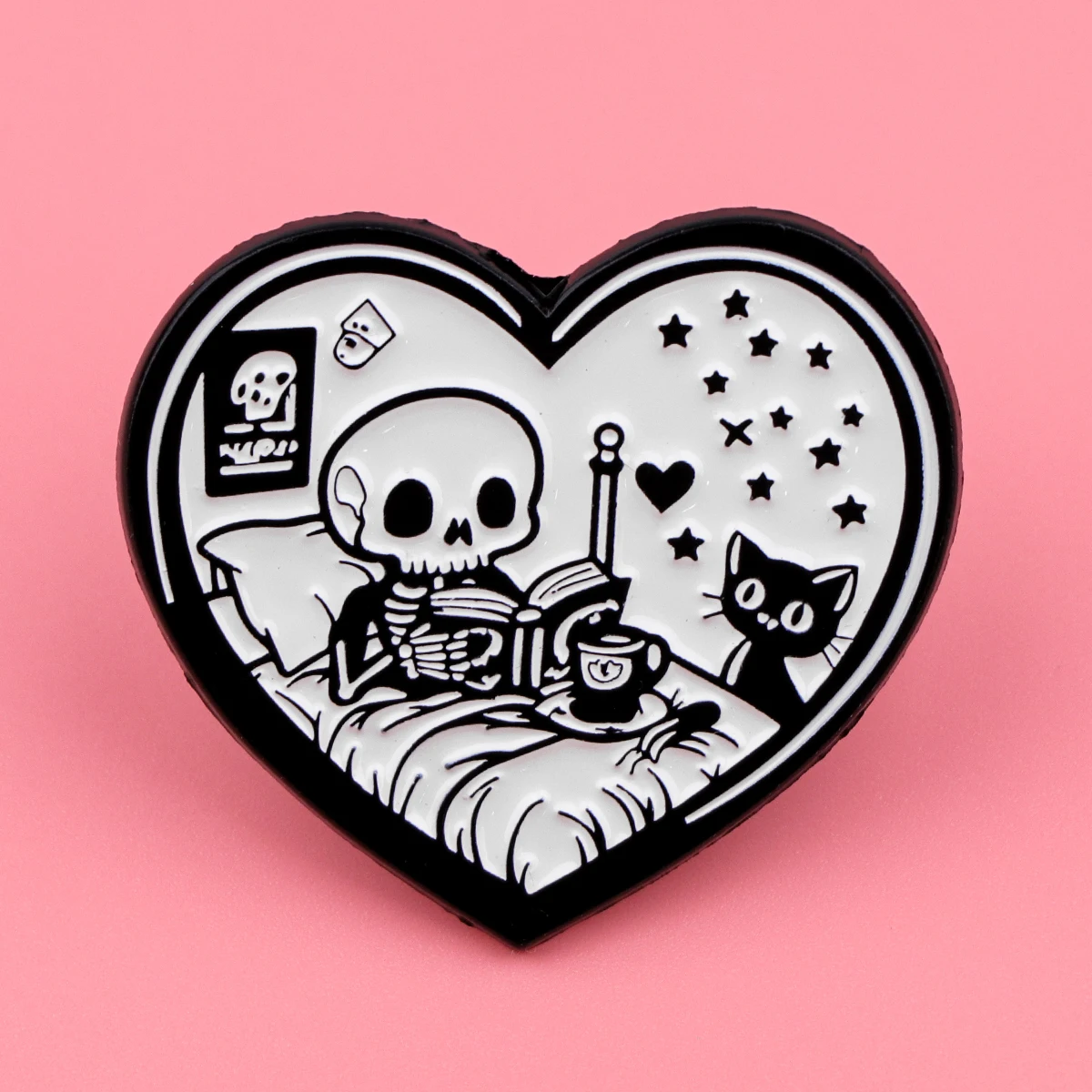 3pcs Halloween Skeleton Reading with Cat Heart-Shaped Enamel Pins Brooches Bag Clothes Lapel Pin Badge Jewelry Book Lovers Gifts