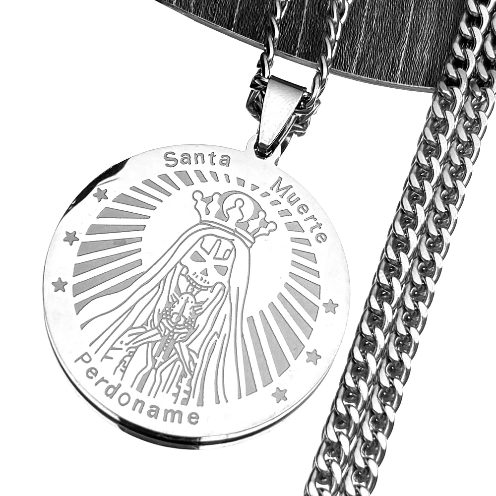 Mexikanische Santa Muerte Perdoname Anhänger Halskette für Frauen Männer Edelstahl Gold Farbe Schädel Stern Medaille Amulett Kette Schmuck – Detail 6