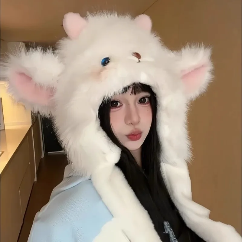 Winter Little Sheep Plush Hat Scarf 2‑in‑1 with Movable Ears Thickened Cold‑Resistant Warm Sweet Women Headwear Gift for Friend