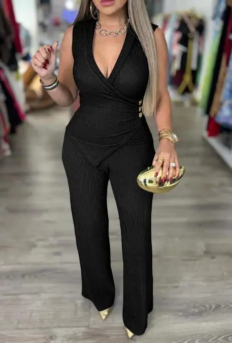 طقم مكون من قطعتين ملابس نسائية جديدة متداخلة عميقة على شكل حرف v بدون أكمام بزر جانبي ديكور بحاشية غير متماثلة طقم سراويل واسعة الساق غير رسمية