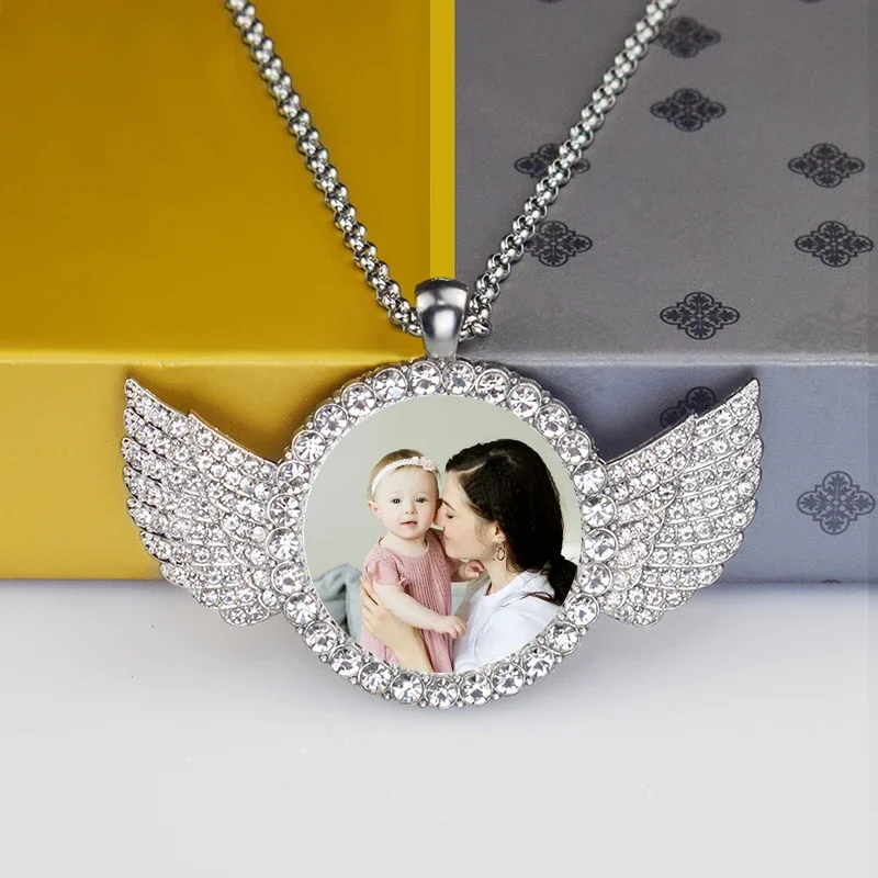 Custom Photo Memory Rhinestone Glass Necklace Personalized Family Picture Necklace Angel Wings Pendant Hip Hop Jewelry Gift