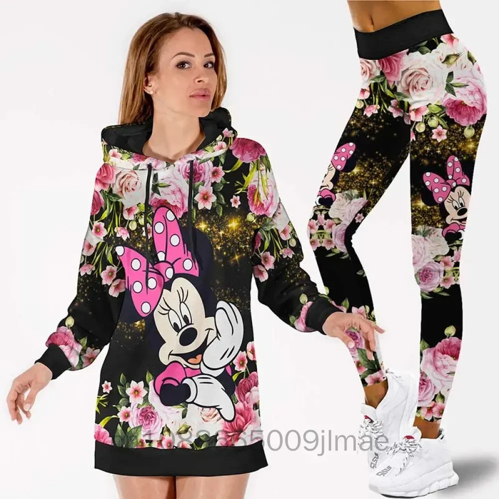 Disney-Vestido com capuz feminino Minnie Mickey, calça de cintura alta para ioga, terno esportivo, moda