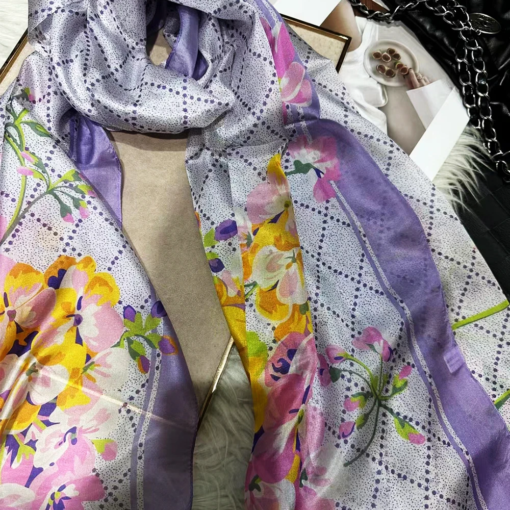 Purple 100% Silk Scarf Shawl Bufanda Women Spring Fall Fashion Floral Design Scarf hair Hijab Winter Long Scarves Wraps Bufanda