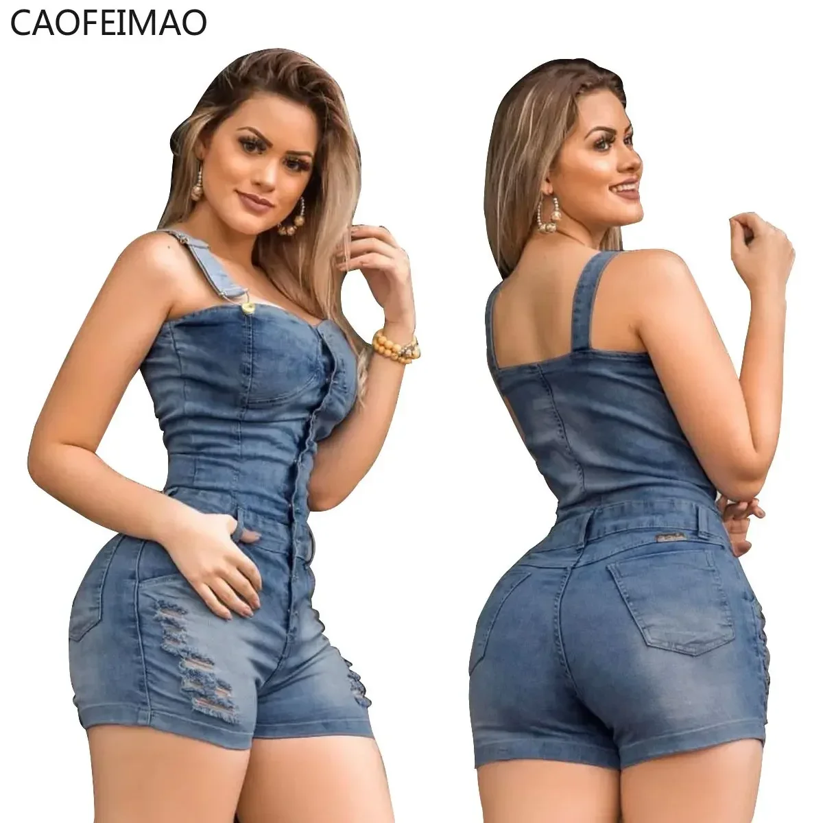 

Jumpsuit Women 2025 Spring Fashion Thin Strap Buttoned Distressed Casual Sleeveless Pocket Design Denim Romper Y2K Streetwear