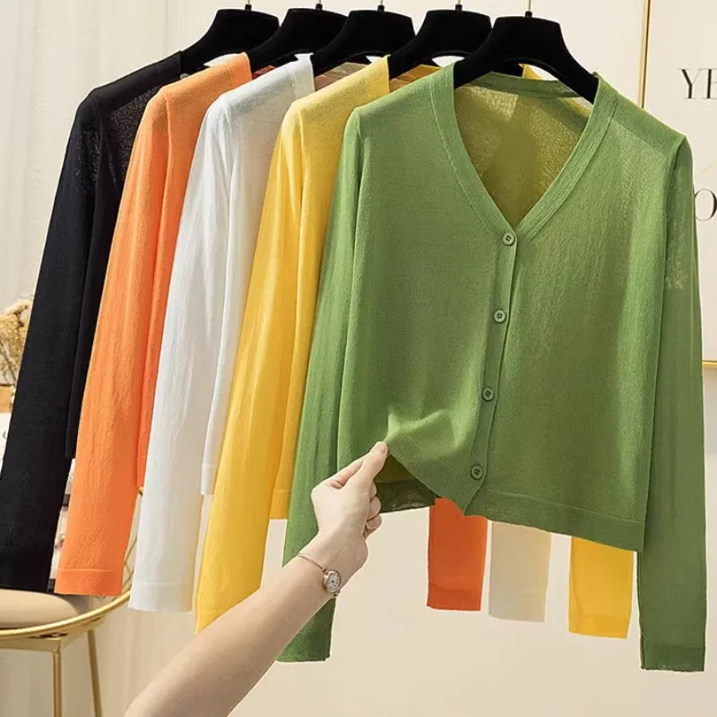 

Solid Women Trend Cardigan Korean Y2k V Neck Female Fashion Ladies Casual Button Office Lady Single Breasted Green All Match Top